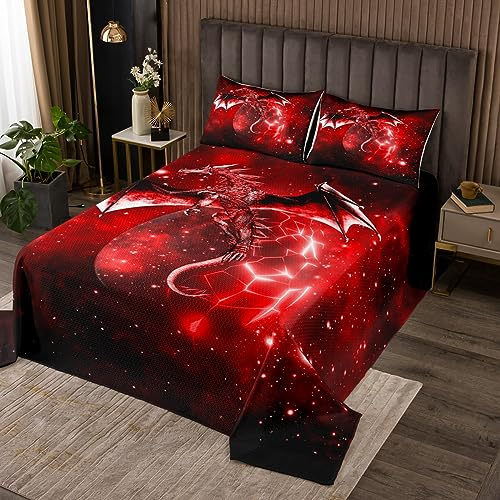 Loussiesd Galaxis Drachen Bettüberwurf Kinder Weltraum Sternenhimmel Tagesdeck 220x240cm Wohndecke Dschungeltiere Drachen für Jungen Kinder Jugendliche Schlafzimmer Dekor Rot Schwarz Steppdecke