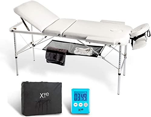 Tragbare Massageliege aus hochwertigem ECO-Leder, XXL 3 Zonen, Aluminiumrahmen, faltbar, Kabel aus Edelstahl, Kopfstütze, Armlehnen, Netz, Tragetasche und Timer (weiß)