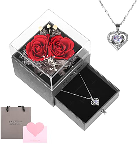 Sequpr Ewige Rose mit Halskette, Ewige Blume Schmuck Geschenkbox, Konservierte Rose Geschenk für Muttertag Mama Frauen Freundin Geburtstag Jahrestag Weihnachten Valentinstag