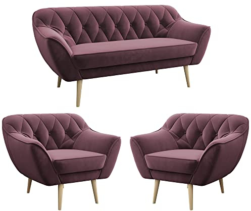 MKS MEBLE Sofa Rosa - Moderne Sofa Set 3+1+1 - Skandinavische Deko Polstersofa - Pirs Zwei Sessles und Loungesofa - Fünf Personen Rosa