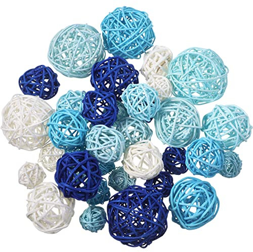 Patelai Rattan-Kugeln aus Weidengeflecht, dekorative Kugeln für Vasen, Tafelaufsatz, Schalen, Kugelfüller für Heimdekoration, 4 Größen (weiß, blaue Serie), 36 Stück