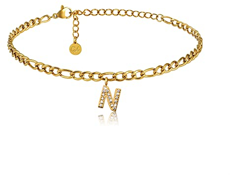 GD GOOD.designs Fußkettchen Gold mit Buchstaben N wasserfest mit 18K Vergoldung I Fussbändchen für Damen verstellbar aus Edelstahl (Buchstabe N) - Valentinstag - Geschenk für Sie