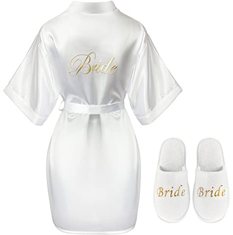 BBTO Vestaglia e Ciabatte da Sposa | Accappatoio in Raso Bianco Corto, Pantofole per Matrimonio Nozze Donna