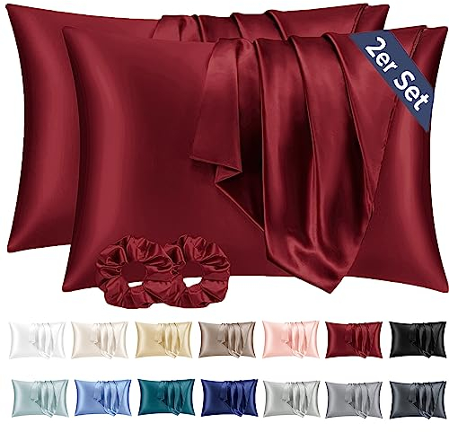 Vielit 2er Set Satin Kissenbezug 40 x 80 Rot, Weich wie Seidenkissenbezug 40x80,Bessere Pflege als Silk Pillosecase,Satin Kopfkissenbezug Kissenhülle für Haar und Haut mit 2 Haargummis