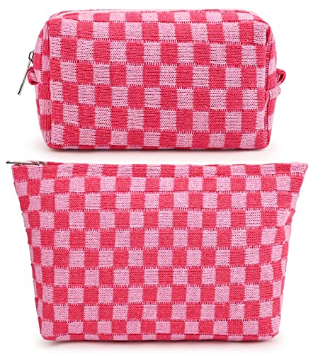 SOIDRAM 2 Pieces Makeup Bag Large Checkered Cosmetic Bag Capacity Canvas Mix Travel Toiletry Bag Organizer Cute Makeup Brushes Aesthetic Accessories Storage Bag for Women, Checkered Mix Rose Red