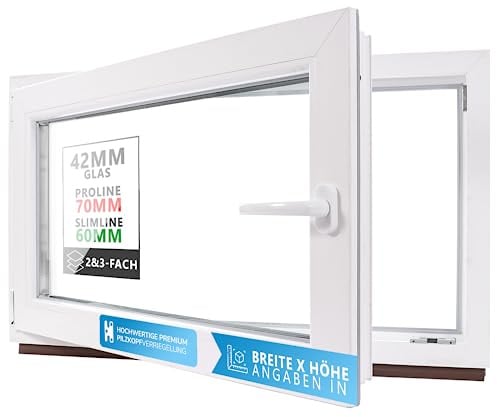 Kellerfenster Kunststofffenster weiß, BxH: 70 x 45 cm / 700 x 450 mm 3-fach Verglasung (32 mm) Dreh-Kipp inkl. Pilzkopfverriegelung, DIN Rechts (Griff Links), 60 mm Profil