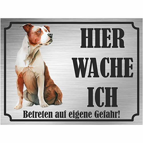 INDIGOS UG - American Stafford - Schild bedruckt - Hier wache ich - Aluverbundplatte Edelstahl Look - ab 20x15 cm - Spruch - Deko Geschenkidee für Ihren Hund - Zaun - Türschild