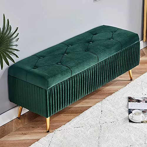 Modern Velvet Storage Bench Ottoman With Gold Metal Legs - Button-Tufted Footrest With Storage - End of Bed Bench for Living Room, Bedroom, Entryway (Color: Green A, Siz