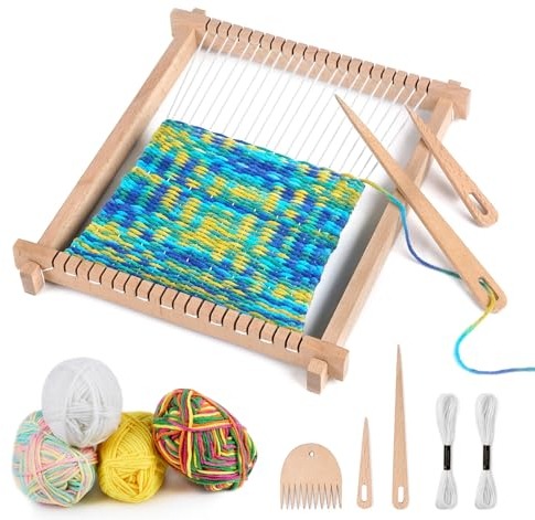 Wooden Weaving Loom Kit, 24x28cm Wooden Multi-Craft Weaving Loom Adjustable Hand-Knit Machine, STEM Weaving Kits Educational Toy with Yarns,Rods,Combs and Shuttles, Suitable for Beginner & Kids