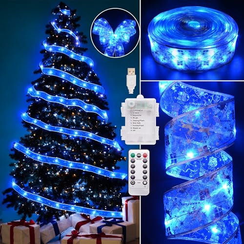 Christmas Decorations - 2.5Inch x 66Ft 200 Led Christmas Tree Ribbon Lights with Remote Control, Battery Operated & USB Powered 8 Lighting Modes Fairy String Lights with Timer for Xmas Tree Decor