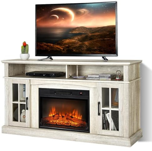 GiantexUK Electric Fireplace Insert TV Stand, Living Room Wooden Console Entertainment Center with Electric Fire, Overheat Protection & Remote Control, 1800-2000W (Gray, 23” Fireplace, for 65” TV)