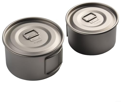 Titanium Bowl,Camping Cookware Outdoor Lightweight Travel Cooking Cups Kitchen Bowl Dish Set,Foldable Handle Rust Resistant(450ml with 600ml bowls with lid)