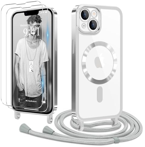Ethanger Handyband für iPhone 13 iPhone 14 Hülle mit Band + 2 Stück Glas Schutzfolie Transparent Silikon Handyhülle Magnetische Schutzhülle für iPhone 13/14 Silber
