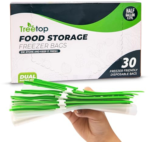 TreeTop Freezer Bags 30 Pcs Half Gallon 2.27Ltr Ziplock Bags Food, Freezer Bags Large, Resealable Airtight Food Bags, BPA-Free Leakproof Zip Lock Bags for Sandwiches, Grains, Vegetables, and Meat