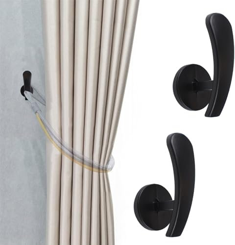 INCREWAY Lot de 2 embrasses de rideaux auto-adhésives à fixation murale, supports de rangement anti-traces, crochets muraux en métal pour décoration d'intérieur, noir