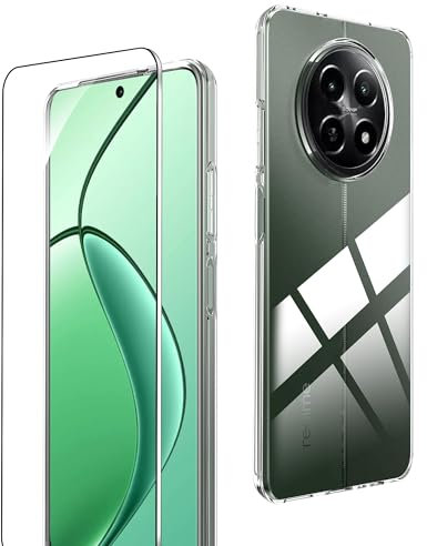 Rojeuinn Coque pour Realme 12 5G / Realme 12x 5G Protection Case+1 pièce Verre Trempé Protection écran, Protecteur d'écran Ultra-Clair,dureté 9H,Coque en Silicone TPU, Antichoc, Fin, Doux-Transparent