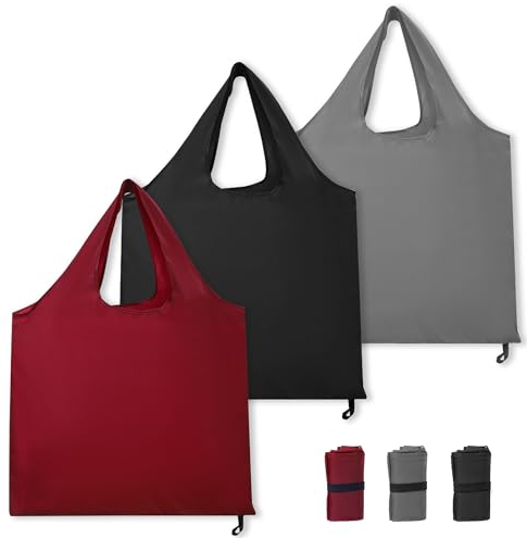 UEPOA Einkaufsbeutel Faltbar, 3 Stück Einkaufstasche Wiederverwendbare Shopping Bag 46 * 41cm Einkaufsbeutel Leicht Tasche Wasserdicht Foldable Bag für Einkauf Reise Ausflug (Schwarz/Grau/Burgund)