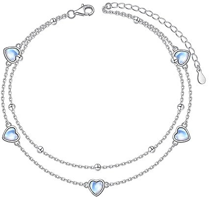 Flyow Herz-Mondstein-Fußkettchen für Damen, S925-Sterlingsilber, Fußperlen, Boho-Fußkettchen, geschichtet, Fußkettchen, Strandschmuck