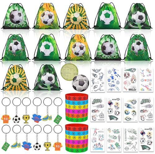 Tigvio 60 Stück Fußball Mitgebsel Fußball Party Mitgebsel Kindergeburtstag mit Kordelzug Taschen Einladungskarten Silikonarmband Schlüsselanhänger Aufkleber für Fussball Geschenke Jungen Mädchen