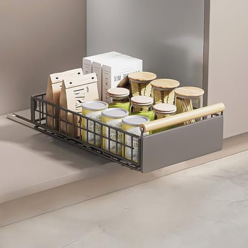 Pull Out Cabinet Organiser, pull out kitchen storage Foldable, Kitchen Cupboard Organiser with Handle, No Drill Adjustable Drawers, Slide Out Drawers for Kitchen Cabinets, grey, 23.5*11*39.5~56.5cm