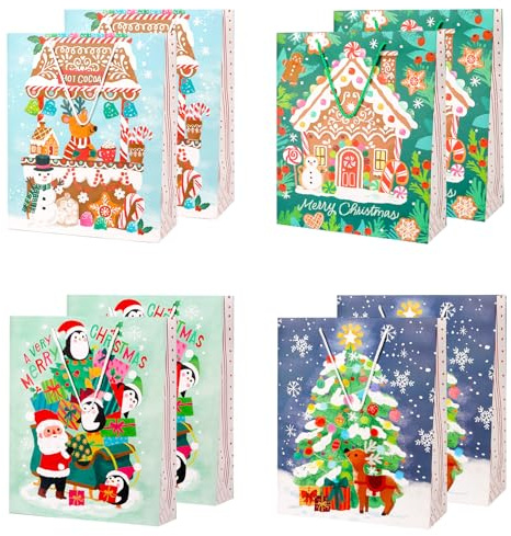 Large Christmas Paper Bag Bundle, 8 Pack Multicolor Xmas Paper Gift Bags for Holidays Presents Party Favors (Multi)