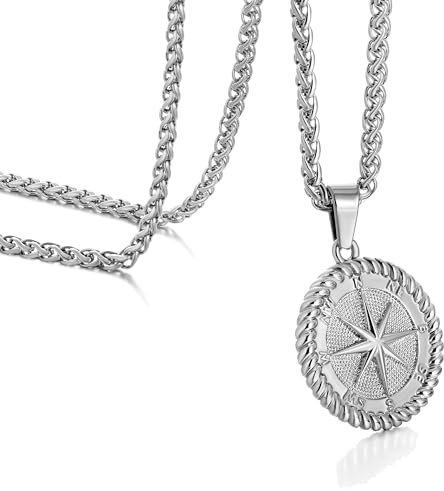 murtoo Kette Herren, Halskette mit Kompass Anhänger für Herren, Silber Münze Anhänger Weizenkette für Herren Damen, Edelstahl Halskette Geschenk für Herren Damen 55cm