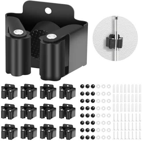 FAOKZE 12 pièces support de clip,Support de Vadrouille,Support balais mural,Porte Balais Mural,Rangement Balai,Mural crochet balai,Supports de serpillère,pour Cuisine Salle de Bain Jardin, Noir
