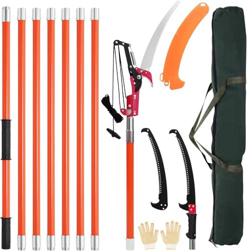 Manual Pole Saw, 7.3-27 ft Extendable Tree Pruner, Sharp Steel Blade and Scissors High Branches Trimming, Branch Trimmer with Lightweight 8 Fiberglass Handles, for Pruning Palms and Shrubs