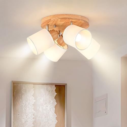 Doughelec Deckenlampe Deckenleuchte 4 Flammig Holz - Wohnzimmer Deckenstrahler Deckenspot Vintage Rund E14 Schwenkbar Lampe Decke Wandstrahler MAX 30W für Schlafzimmer Küche Flur, Ohne Leuchtmittel