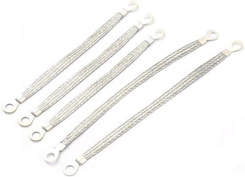 Bamyli Earth Bonding Straps, Silver, 5pcs (3pcs 10in & 2pcs 13in) | oxygen-free copper,tin-plated braided,8mm ring terminals,optimal conductivity,fit various vehicles,appliances,transformers