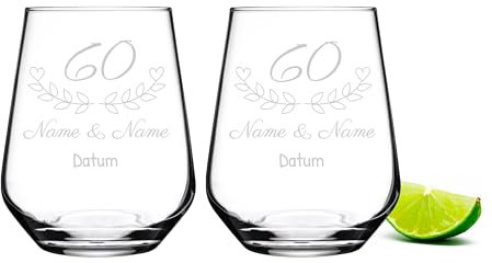 KS Laserdesign 2er SET Gläser mit Gravur Diamanthochzeit, personalisierte Geschenke mit Namen & Datum zum Jahrestag, Hochzeitstag, Geschenkidee 60 jähriges Ehe Jubiläum Frauen & Männer