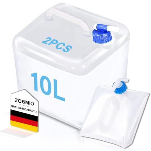 ZOBMIO 2er Set Wasserkanister, Wasserkanister mit Hahn 10 Liter, Wasserkanister Faltbar mit Tragegriff, Wasserkanister Camping für Outdoor, Wandern Notfall Überlebens Kit (Blau)