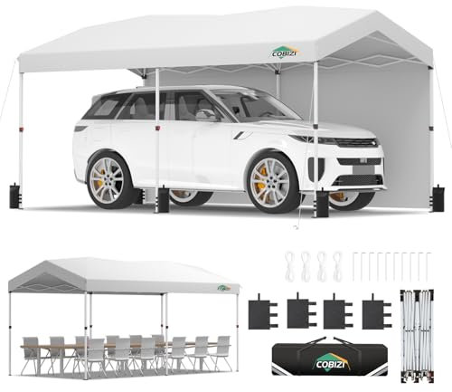 COBIZI Carport - Baldacchino pop-up 10 x 20 con chiusura centrale a pulsante a 1 pulsante, garage portatile con 2 pareti laterali, baldacchino impermeabile e UPF 50+, tenda a baldacchino per auto per
