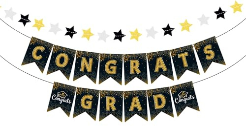Kiyanest Abschlussfeier-Banner-Set – Schwarz-Goldenes Congrats Grad Banner für stilvolle Abschlussdekorationen, einfach aufzuhängen