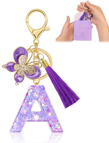 Fengguock Portachiavi con Iniziale Portachiavi Donna Iniziale Portachiave Ragazza con Lettera Portachiave Donna Regali da Personalizzare Con Farfalla per Gli Amici, per Zaino Borsa Scuola, Viola-A