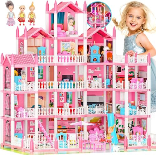 5-Story Dream Doll House for Girls with 19 Rooms, Lights, Dolls, and Furniture - Large DIY Playhouse for Kids Ages 3-16 - Perfect Imaginative STEM Gift for Birthdays & Holidays & Christmas