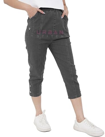URBAN STITCH Womens Capri Trousers Ladies Three Quarter Soft 3/4 Cropped Pants UK Ladies Stretch Pull on Trousers Elasticated Waist Plus Size Summer Shorts