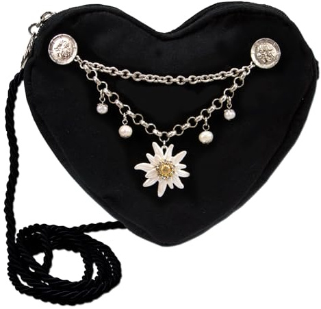 Alpenflüstern Herztasche Strass-Edelweiß Greta Charivari - Damen Trachtentasche in Herzform, Schultertasche fürs Dirndl, Herz Handtasche zur Tracht, Dirndltasche (schwarz) DTA104