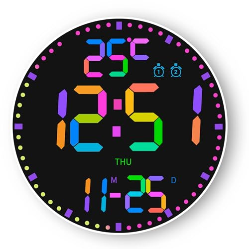 Elecbee Horloge Murale Numérique LED Ronde 29.5CM, Horloge Murale Électrique Moderne avec Télécommande, 12 Couleurs RGB, Température, Humidité, Date, Alarmes, Luminosité Auto pour Salon Chambre Bureau