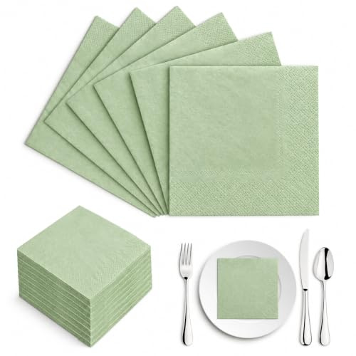WEFHEF 100 Stück Servietten Salbeigrün, 25 x 25 cm Servietten Grün 2-lagig Cocktailservietten Eukalyptus Grün Einwegservietten Papierservietten für Tischdeko Hochzeit, Geburtstag, Party Deko