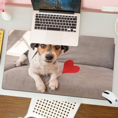 QRFASFZO Mouse Pad 31.5 × 12 inch Extended Large Mouse Mat Desk Pad, Stitched Edges Mousepad,Non-Slip Rubber Base,Animal, a cute puppy holding a heart-shaped prop on a gray sofa,Gaming Mouse Pad XL