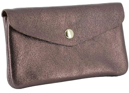 Double Tree | Porte-Monnaie Cartes Femme Mi-Long Compact Cuir Chocolat | Format enveloppe élégant | Style italien raffiné | Finition brillante effet nacré et métallisée | Mode tendance