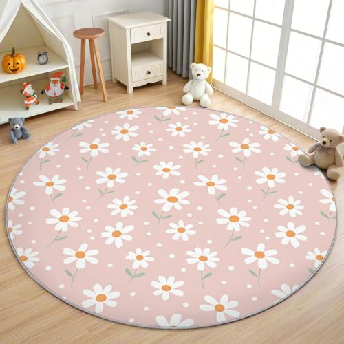 AevuCub Gänseblümchen Teppich Rund 200cm Kurzflor - Waschbare Teppiche Wohnzimmer Rosa Blumenmuster Mädchen Kinder - Runder Teppich 200 cm Durchmesser Kinderzimmer - Bettvorleger rutschfest Weich