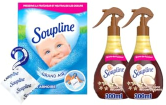 Soupline - Pack Fraîcheur Linge Noix de Coco | Boîte de 3 Sachets Parfumés Armoire + Lot 2 Sprays Adoucissants 300ml - Linge Doux, Frais et Parfumé Longue Durée