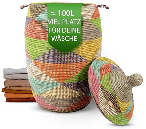 Wäschekorb mit Deckel 100L geflochten aus Savannengras mit Henkeln | Große Wäschetonne, handgeflochten, Boho Stil, vielseitige Aufbewahrung, rund, XXL Korb, Geruchsreduzierend, Modell Gueno