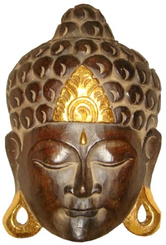 Máscara de Madera de Buddha (Fabricada en Bali), Color Dorado, 35 cm