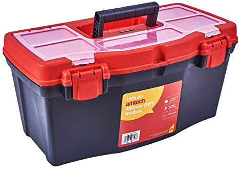 Amtech - 19 Tool Box, Large Plastic Tool Storage Organiser Box with Compartments, Removable Tray & Handle for Tools, Fixings & DIY Storage (480mm / 19)