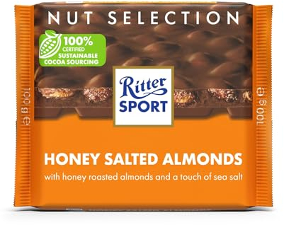 RITTER SPORT Nuss-Klasse Honig-Salz-Mandel, 100 g, Nussschokolade mit ganzen Mandeln, süßem Honig & einer feinen Salznote, leckere süß-salzige Schokolade