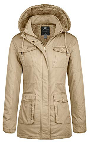 Wantdo Femme Manteau Matelassé en Coton Blouson Hiver Extérieur Veste Militaire Coupe-Vent Manteau à Capuche Fausse Fourrure Parka Mi-Longue Classique Kaki M