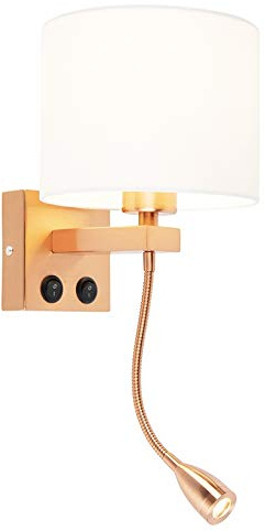 Qazqa Modern Wandleuchte mit Schirm und Lesearm, Wandlampe - Brescia Combi - Weiß, Rund, max. 60W, Geeignet für LED, 2-flammig, 42cm, Ideal als Küche lampe, Schlafzimmerlampe und Wohnzimmerlampe